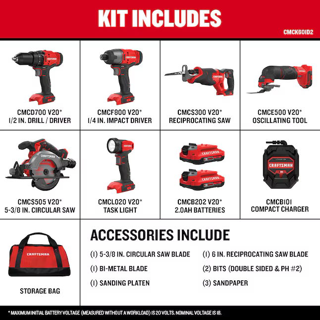 CRAFTSMAN V20 6-Werkzeug-20-Volt-Max-Elektrowerkzeug-Kombi-Kit mit Softcase (2 Li-Ionen-Akkus im Lieferumfang enthalten und Ladegerät im Lieferumfang enthalten)