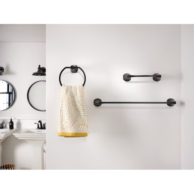 Moen 3-Piece Lindor Matte Black Decorative Bathroom Hardware Set with Towel Bar,Toilet Paper Holder and Towel Ring