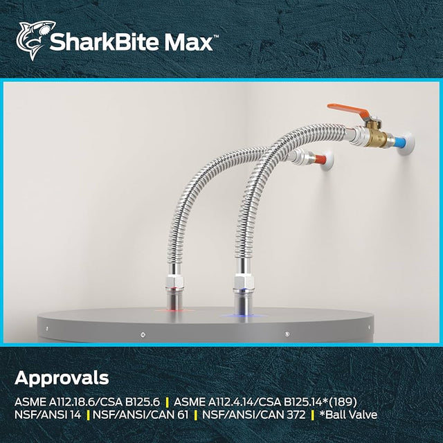 SharkBite Max Kit de conexión de calentador de agua de acero inoxidable corrugado con entrada de empuje de 18 pulgadas y 3/4 pulgadas x salida FIP de 3/4 pulgadas