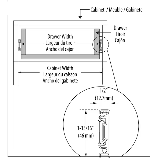 Corredera para cajón de 18 pulgadas con montaje lateral y capacidad de carga de 100 lb de color plateado de Richelieu (2 piezas)