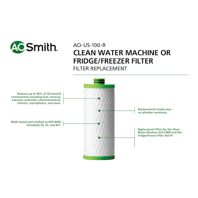 A.O. Smith Clean Water Machine or Fridge Carbon Block Under Sink Replacement Filter