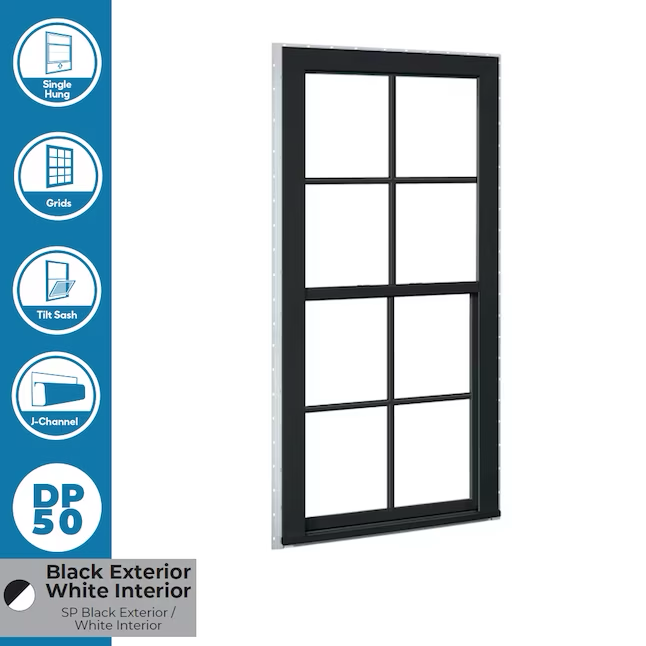 RELIABILT 150 Series New Construction 35-1/2-in x 59-1/2-in x 3-1/4-in Jamb Black Vinyl Low-e Single Hung Window with Grids Half Screen Included