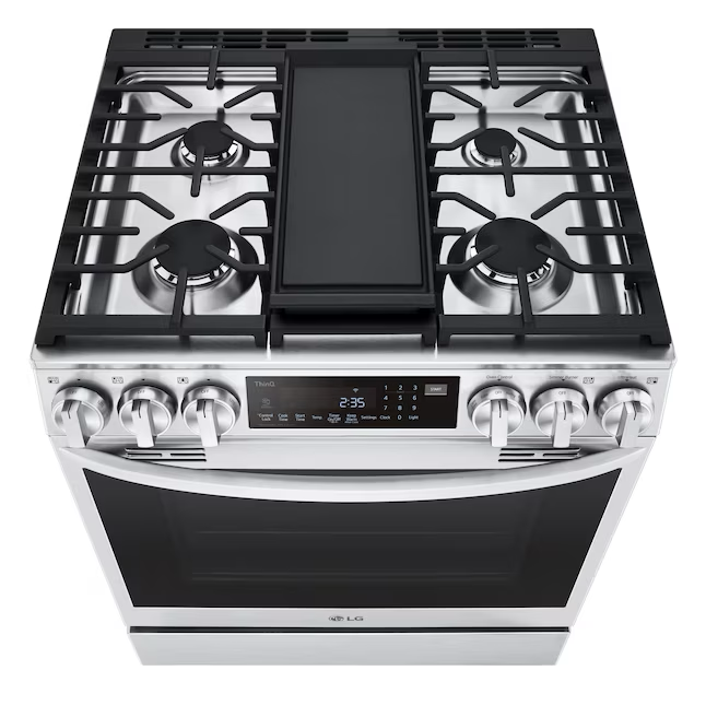 LG InstaView con Air Fry 30 pulgadas, 5 quemadores, 6.3 pies cúbicos, horno de convección Air Fry autolimpiante, estufa de gas natural inteligente deslizable (acero inoxidable a prueba de impresión)