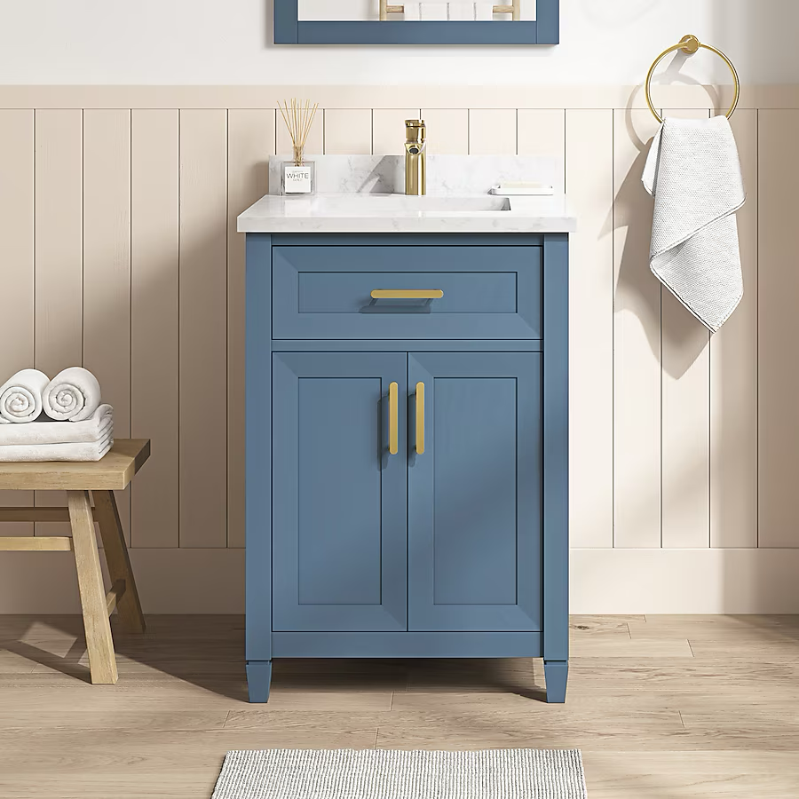 Mueble de baño de 24 pulgadas con lavabo bajo encimera en color azul Chambray y cubierta de piedra artificial blanca de Allen + Roth Lancashire