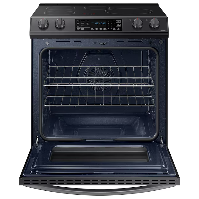 Samsung Rapid Heat Induction 30-in 4 Elements 6.3-cu ft Self and Steam Cleaning Air Fry Convection Oven Slide-in Smart Induction Range (Fingerprint Resistant Black Stainless Steel)