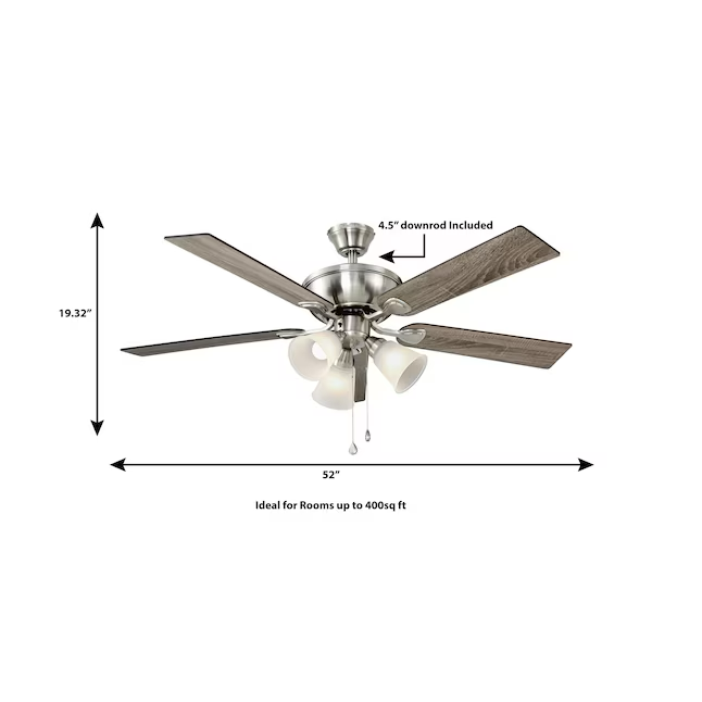 Harbor Breeze Sailor Bay Ventilador de techo con barra descendente o montaje empotrado para interiores de níquel cepillado de 52 pulgadas (5 aspas)