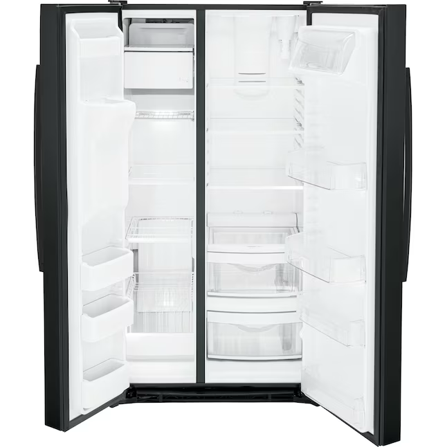 Refrigerador de dos puertas verticales GE de 25.3 pies cúbicos con máquina de hielo, dispensador de agua y hielo (negro)