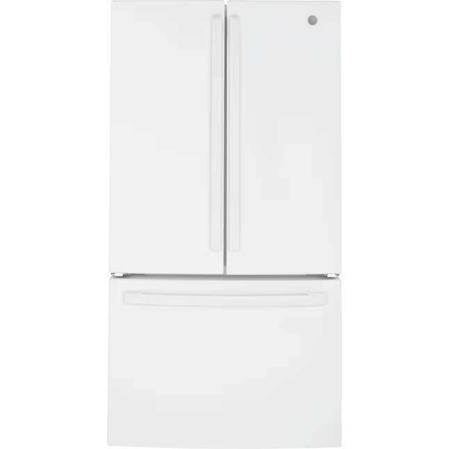 Refrigerador GE de puerta francesa de 27 pies cúbicos con máquina de hielo y dispensador de agua (blanco) ENERGY STAR