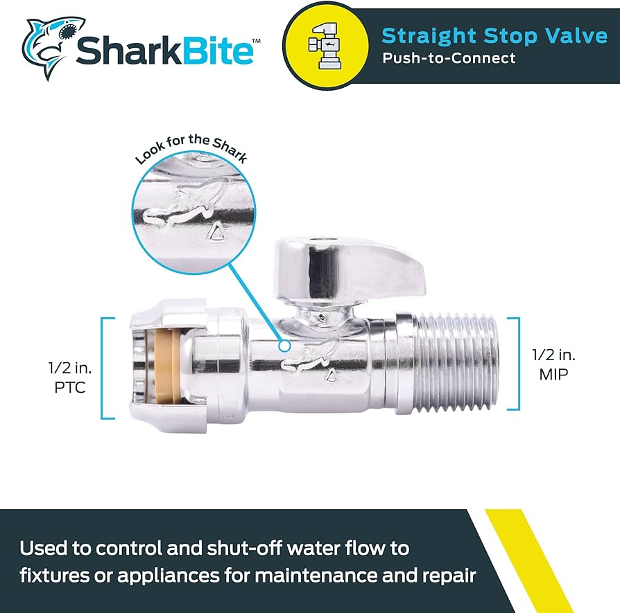 SharkBite Válvula de cierre recta de cuarto de vuelta de latón cromado MIP de 1/2 pulg. de conexión a presión x 1/2 pulg.