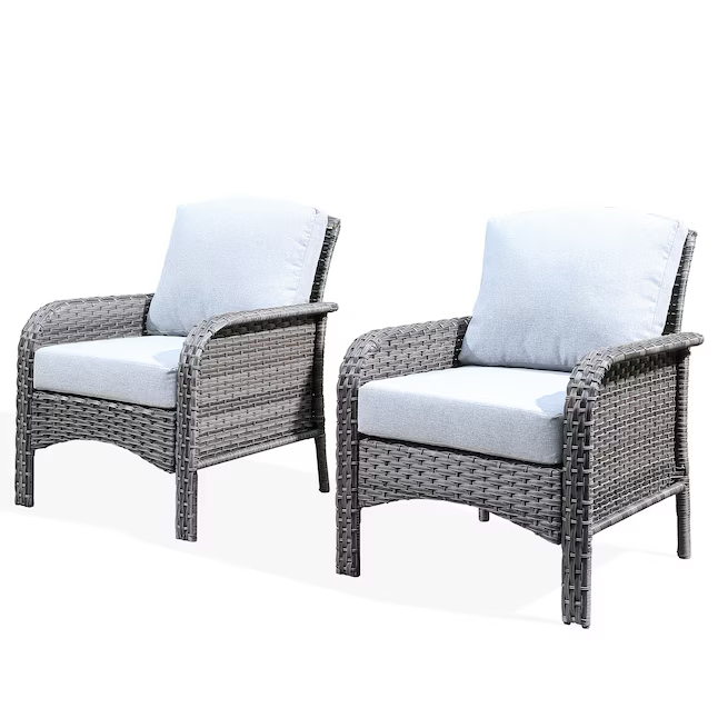 Ovios Set of 2 Wicker Black Metal Frame Stationary Conversation Chair with Light gray Cushioned Seat