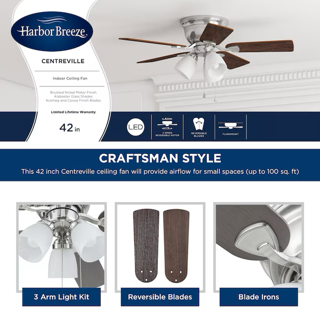 Harbor Breeze Centreville 42-in Brushed Nickel Indoor Flush Mount Ceiling Fan with Light (5-Blade)