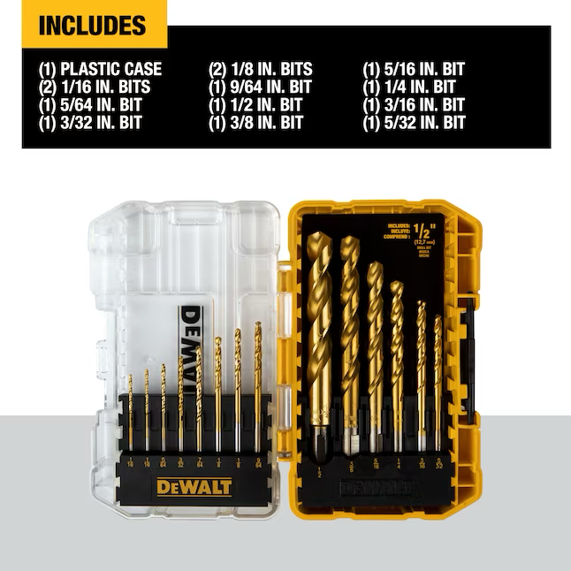 DeWalt 14-Piece Assorted Titanium Nitride Coated Hss Jobber Length Twist Drill Bit Set