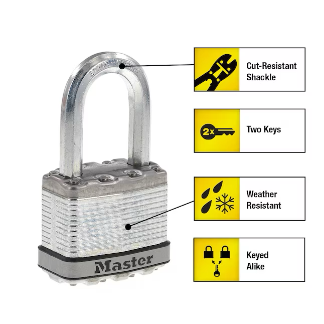 Candado con llave para exteriores de alta resistencia Master Lock, grillete de 1-1/2 pulgadas con llaves iguales (paquete de 4)