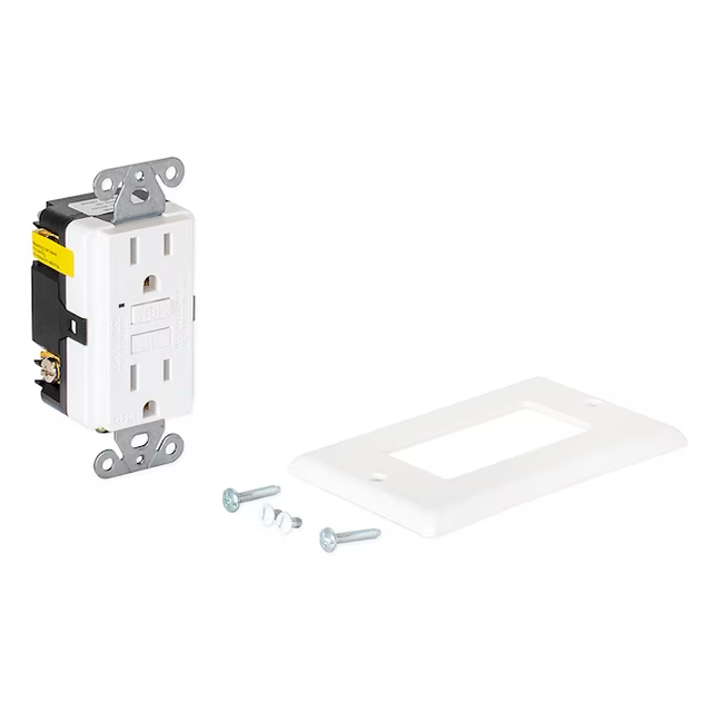 Tomacorriente GFCI delgado de autoprueba dúplex EZ-FLO de 15 amperios y 125 voltios con indicador LED y placa de pared (blanco)