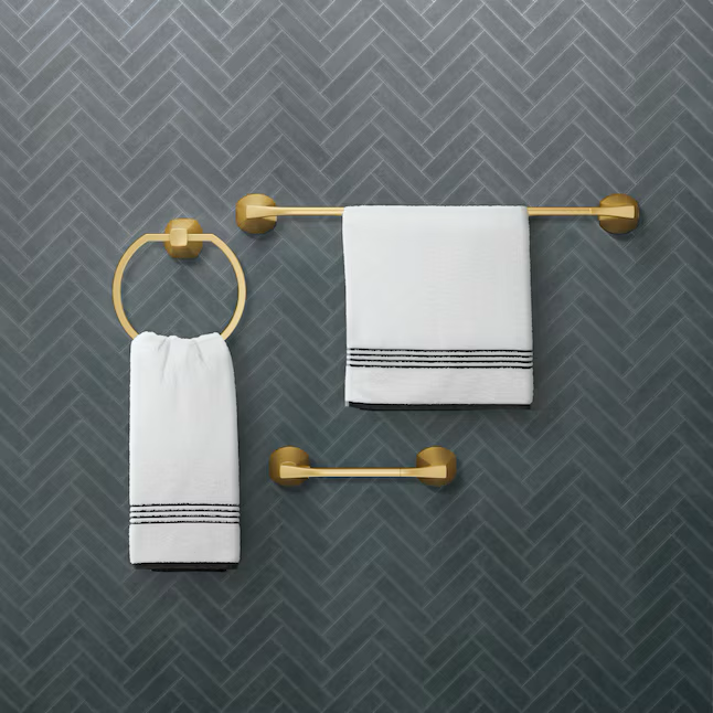 Moen 3-teiliges Lindor Badezimmer-Hardware-Set in gebürstetem Gold mit Handtuchstange, Toilettenpapierhalter und Handtuchring