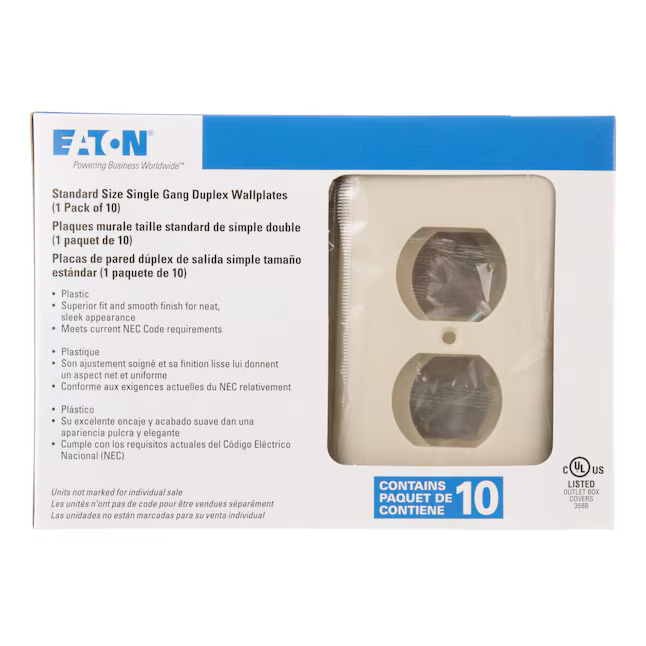 Eaton 1-Gang Standard Size Light Almond Plastic Indoor Duplex Wall Plate (10-Pack)