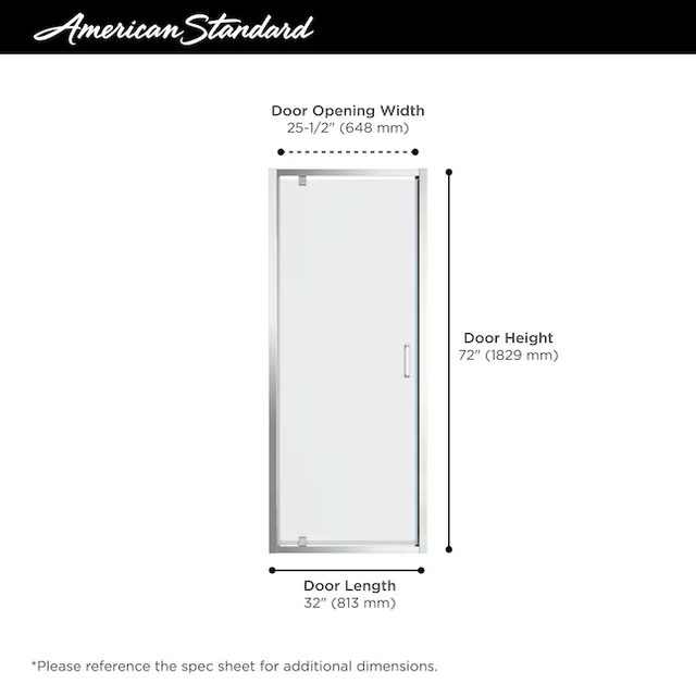 American Standard Mainstream Polished Chrome 29-5/8-in to 31-3/16-in W x 72.12-in H Semi-frameless Hinged Shower Door