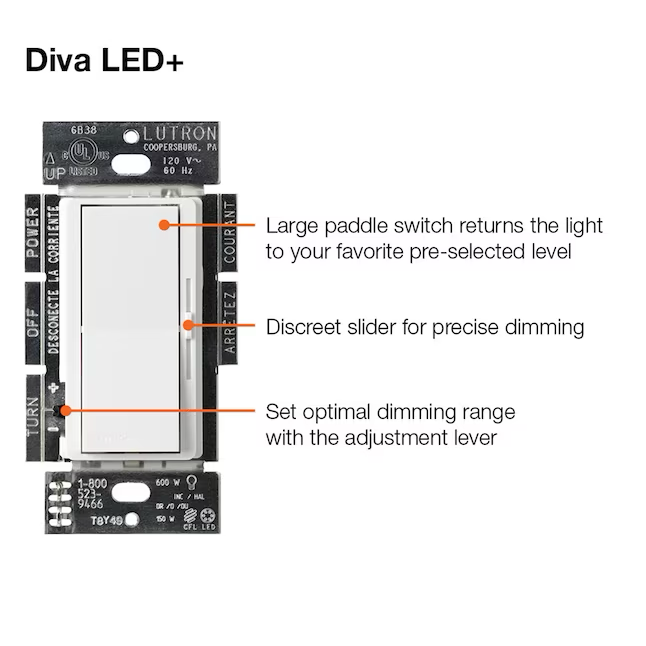 Lutron Diva Single-pole/3-way LED Rocker Light Dimmer Switch, White