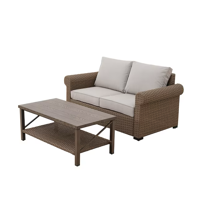 allen + roth Emerald Cove 2-Piece Wicker Patio Conversation Set with Cream Cushions