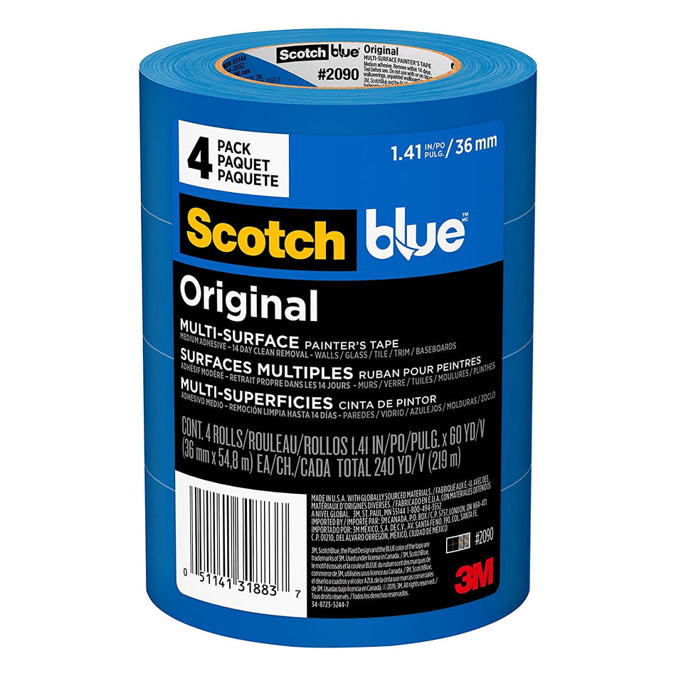 3M 1,41 pulg. x 60 yardas. ScotchBlue Original Cinta de pintor multisuperficie - Paquete de 4