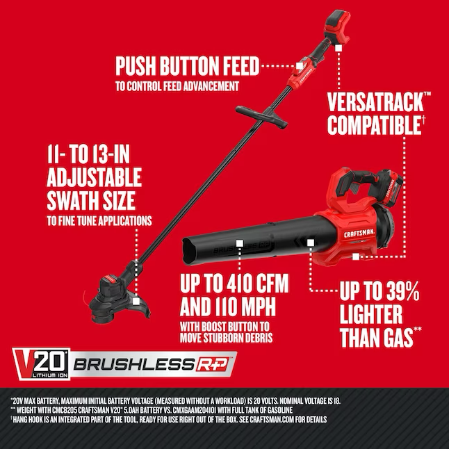 CRAFTSMAN Kit combinado de cortadora de hilo y soplador de hojas con batería inalámbrica máxima de 20 voltios RP sin escobillas (batería y cargador incluidos) 