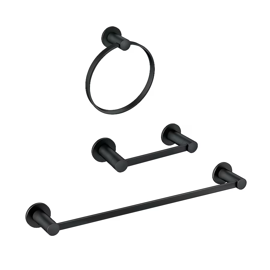 Juego de accesorios decorativos para baño de 3 piezas Avri de Moen en negro mate con barra para toallas, soporte para papel higiénico y aro para toallas