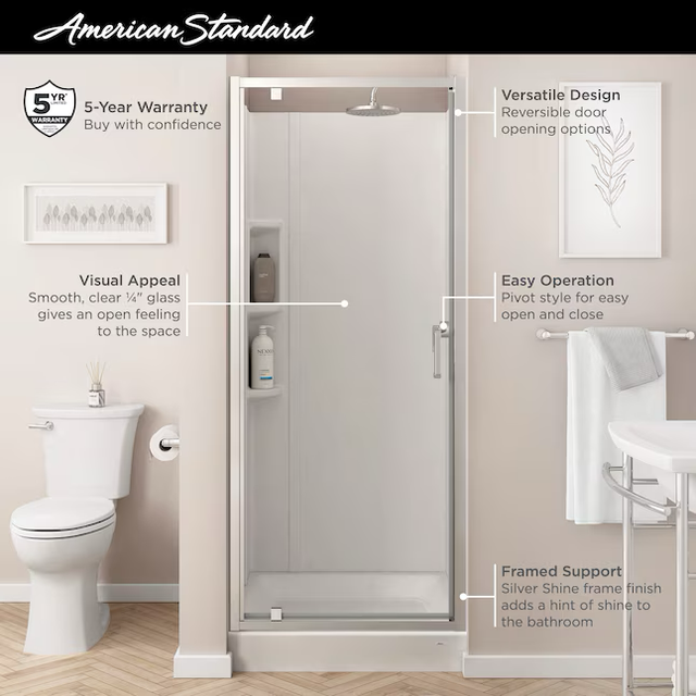 American Standard Mainstream Polished Chrome 29-5/8-in to 31-3/16-in W x 72.12-in H Semi-frameless Hinged Shower Door