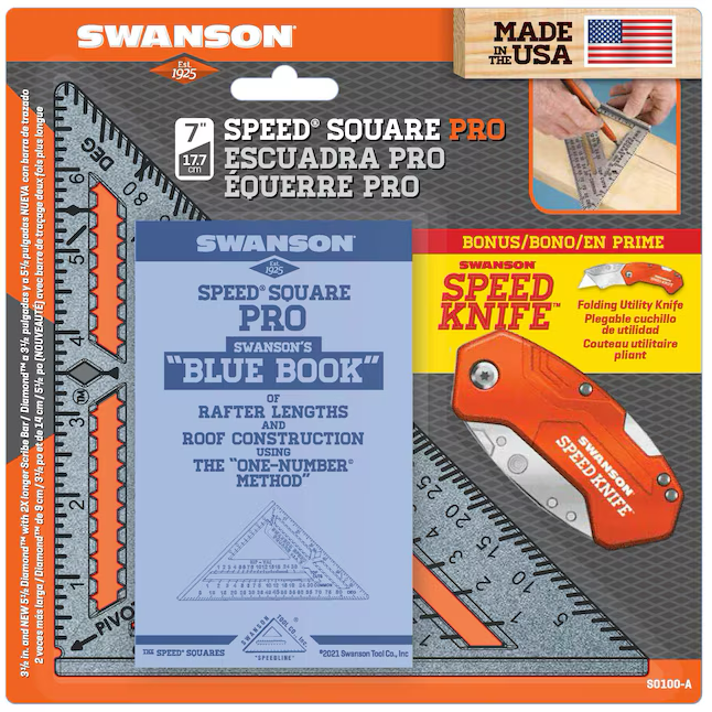 Escuadra y cuchillo profesionales de Swanson Tool Company con libro azul