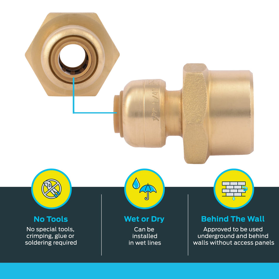 SharkBite Adaptador hembra de empuje de latón FNPT de 1/4 pulg. (3/8 pulg. DE) x 1/2 pulg.