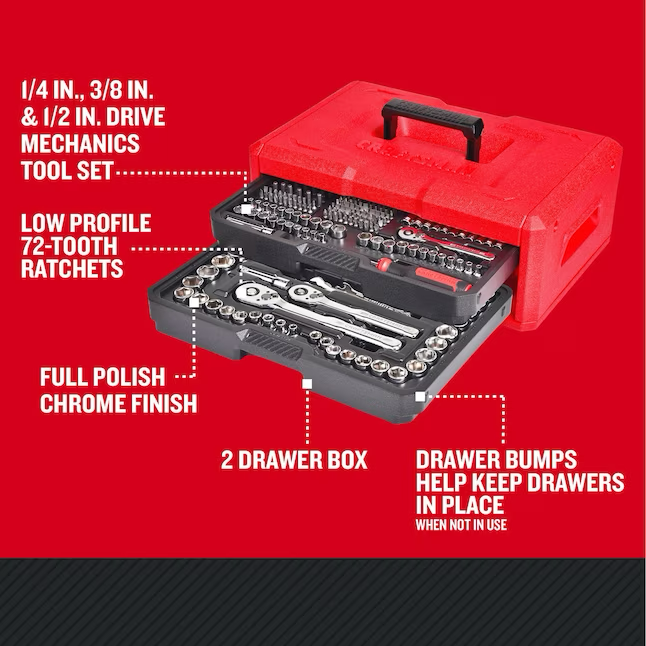 CRAFTSMAN Mechaniker-Werkzeugsatz, 256-teilig, Standard (SAE) und metrisch, poliertes Chrom, mit Hartschalenkoffer