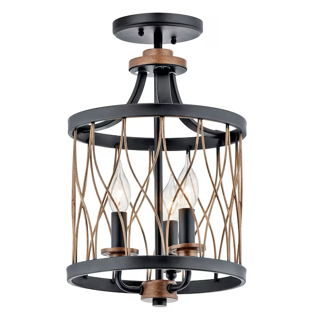 Kichler Brookglen 3-Light Black with Gold Tone French Country/Cottage Drum Mini Hanging Pendant Light