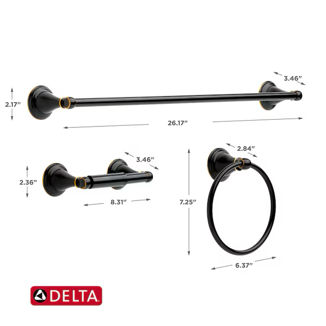 Delta 3-Piece Windemere Oil Rubbed Bronze Decorative Bathroom Hardware Set with Towel Bar,Toilet Paper Holder and Towel Ring