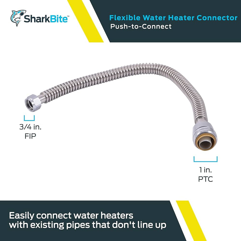 SharkBite 24-Zoll-1-Zoll-Push-to-Connect-Einlass x 3/4-Zoll-FIP-Auslass-Warmwasserbereiter-Anschluss aus gewelltem Edelstahl