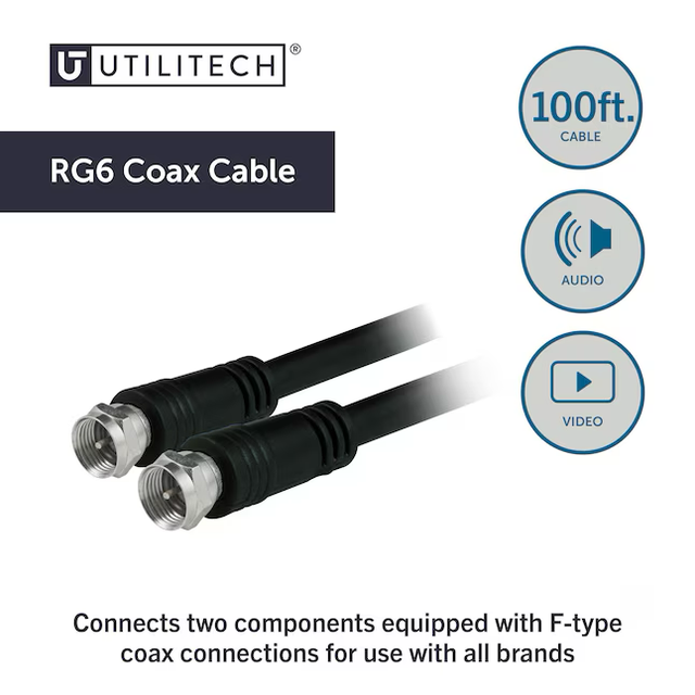 Cable coaxial negro RG6 de 100 pies de Utilitech