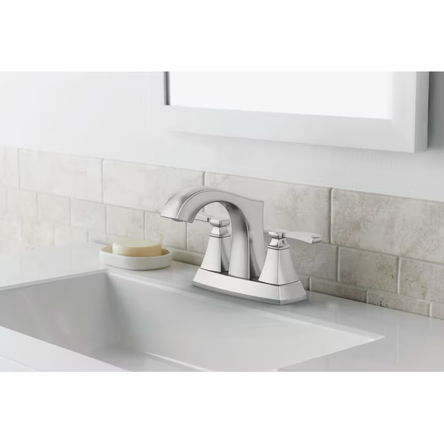 allen + roth Chesler Brushed Nickel 4-in centerset 2-Handle WaterSense Bathroom Sink Faucet with Drain and Deck Plate