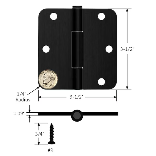 Bisagra para puerta interior o exterior de embutir negra mate de 3-1/2 in de alto x 1/4 in de radio RELIABILT que no rechina (paquete de 3)