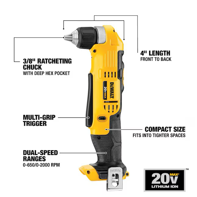 Taladro inalámbrico DEWALT de ángulo recto sin llave de 20 voltios máx. 3/8 pulgadas