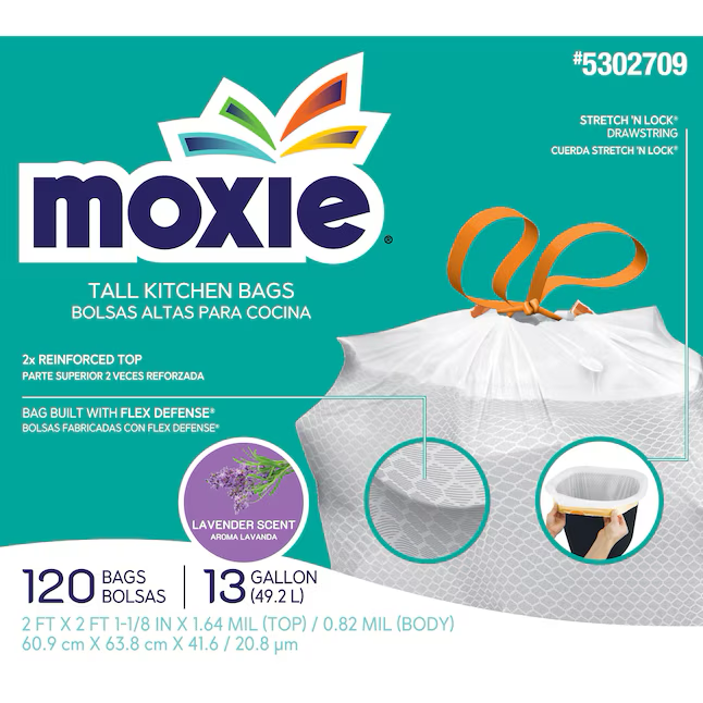 MOXIE Bolsa de basura con cordón de cocina de plástico blanco lavanda de 13 galones (120 unidades)