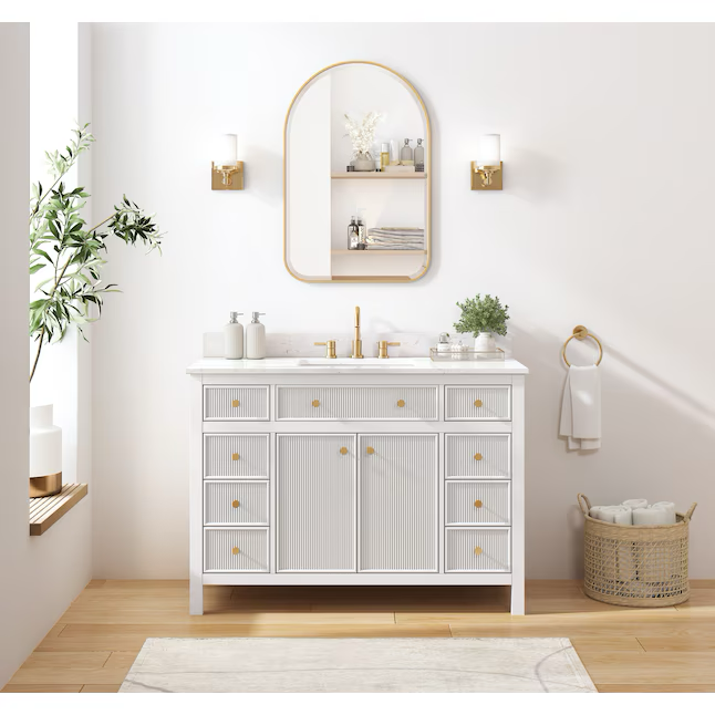 Mueble de baño de 48 pulgadas con lavabo individual bajo encimera Sandbanks de Allen + Roth con cubierta de piedra artificial blanca