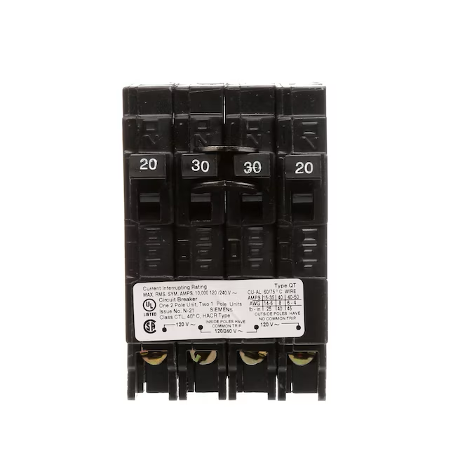 Disyuntor cuádruple de 4 polos Siemens QT de 20 amperios/30 amperios