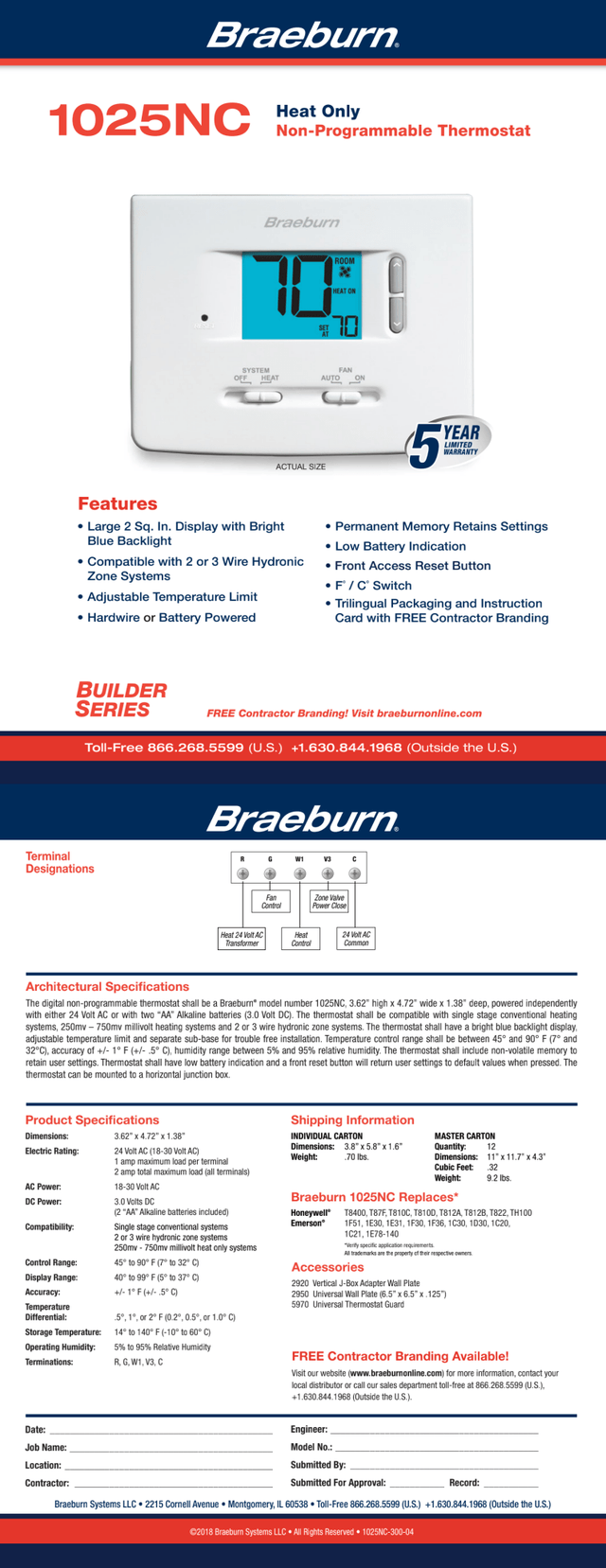 Braeburn® 1025NC Non-Programable Thermostat