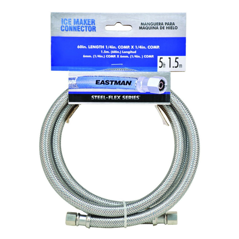 Eastman 5′ Braided Stainless Steel Icemaker Connector (1/4 Comp. x 1/4 Comp.)