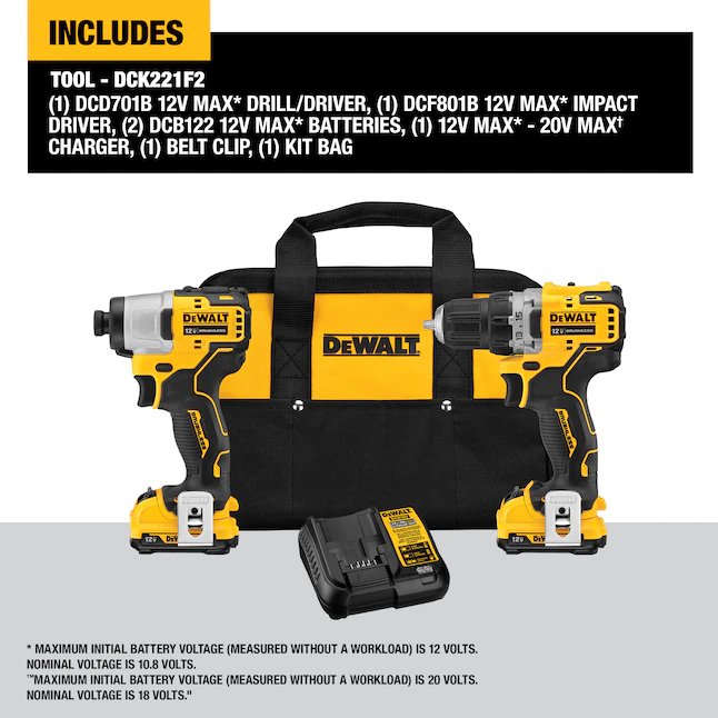 DeWalt XTREME 2-Tool 12-Volt-maximales bürstenloses Elektrowerkzeug-Kombiset mit Softcase (2 Akkus und Ladegerät im Lieferumfang enthalten)