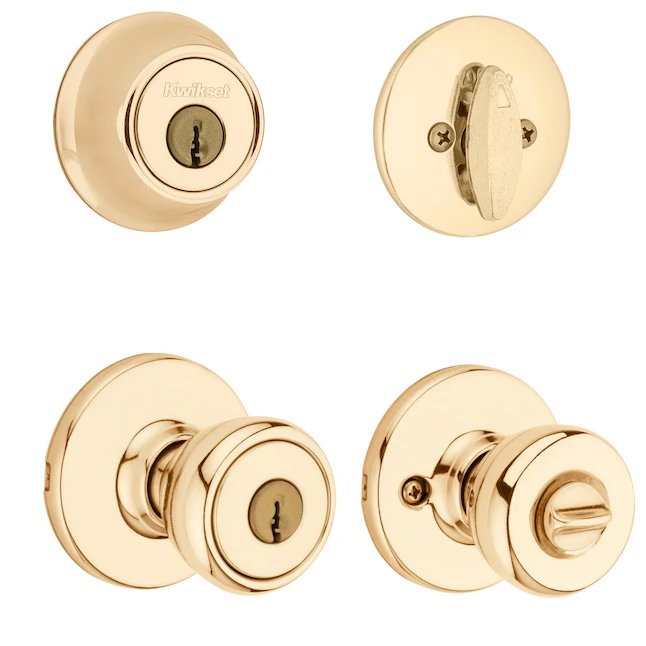 Kwikset Security Tylo Exterior de latón pulido Cerradura de seguridad de un solo cilindro Paquete combinado de perilla de puerta de entrada con llave con tecnología antimicrobiana