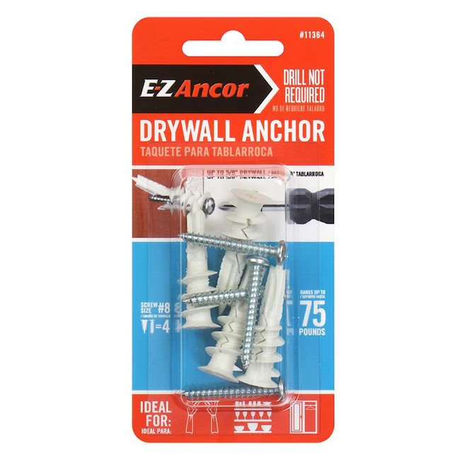 EZ Ancor 75 libras 1/2 pulgadas x 1-1/4 pulgadas anclajes multiusos con tornillos incluidos (paquete de 4) 