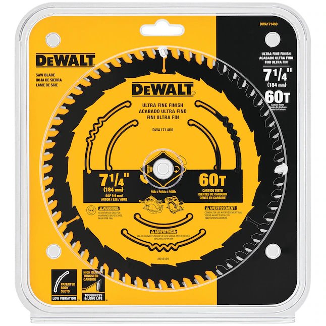 DeWalt 7-1/4-Zoll 60-Zahn-Kreissägeblatt aus Wolframkarbidstahl mit feiner Oberfläche