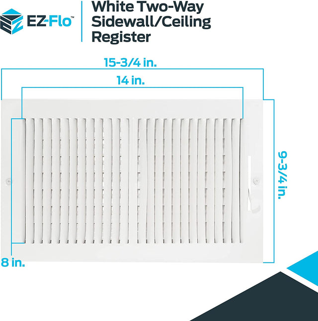 EZ-FLO 14 x 8 Inch Two-Way Ventilation Steel Sidewall/Ceiling Register, Steel Duct Opening