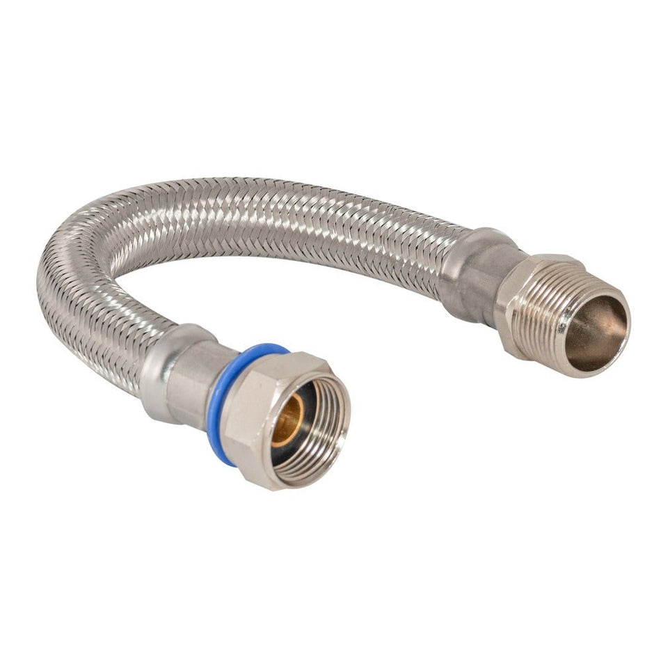 Eastman 12 in. Braided Water Heater Connector – 3/4 in. MIP x 3/4 in. FIP Swivel