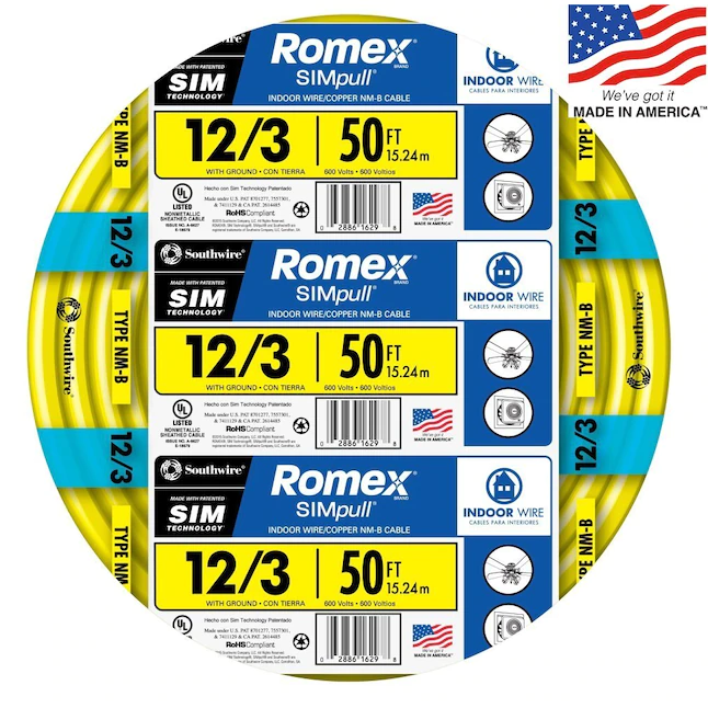 Southwire Romex SIMpull 50 Fuß 12/3 massiver nichtmetallischer Innendraht