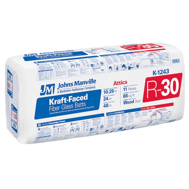 Johns Manville R-30 Dachboden, 88 Quadratfuß, Kraftbeschichtete Glasfasermatten-Isolierung (24 Zoll B x 48 Zoll L), Einzelpackung, insgesamt 11 Stück